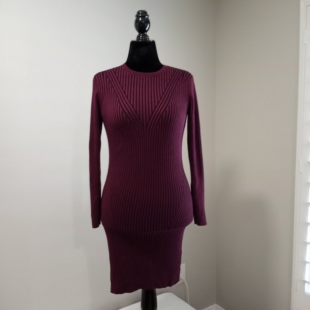 EXPRESS RAYON NYLON PURPLE BLACK RIBBED SWEATER DRESS WOMEN SIZE L